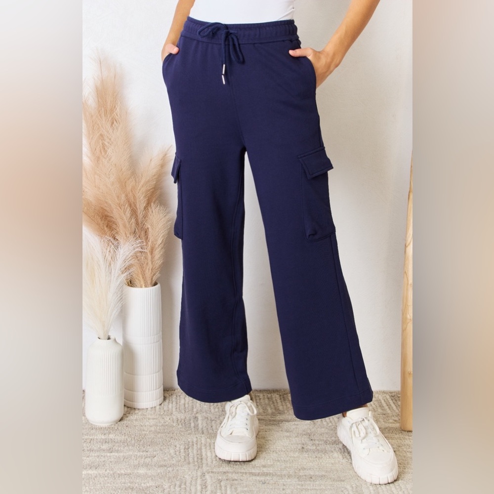 NEW RISEN Navy Blue High Waisted Cargo Pocket Wide Leg Lounge Pants Sweatpants - Picture 2 of 5